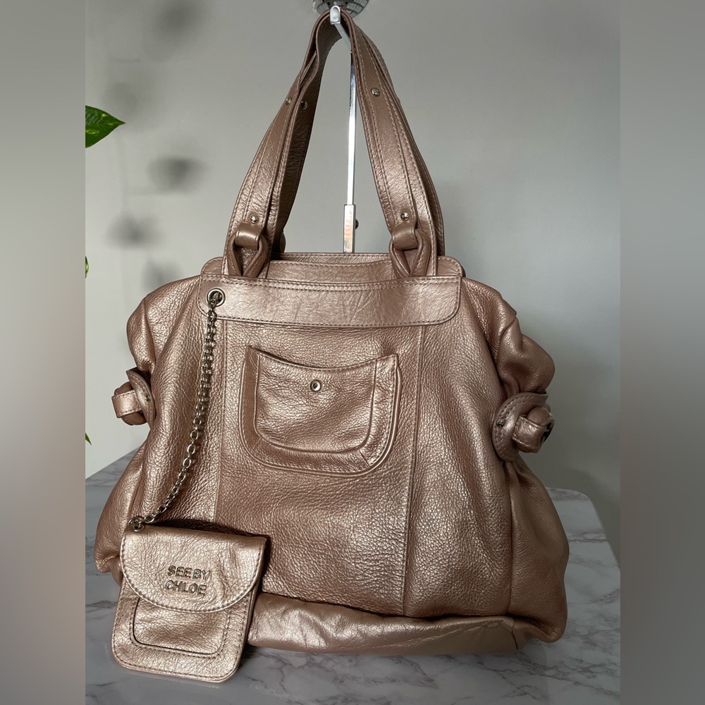 See By Chloé Metallic Rose Gold Leather Satchel Handbag Slouchy Tote Bag Vintage